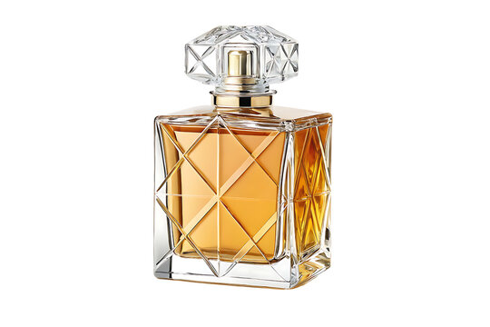 Luxury perfume bottle with golden liquid on transparent background
