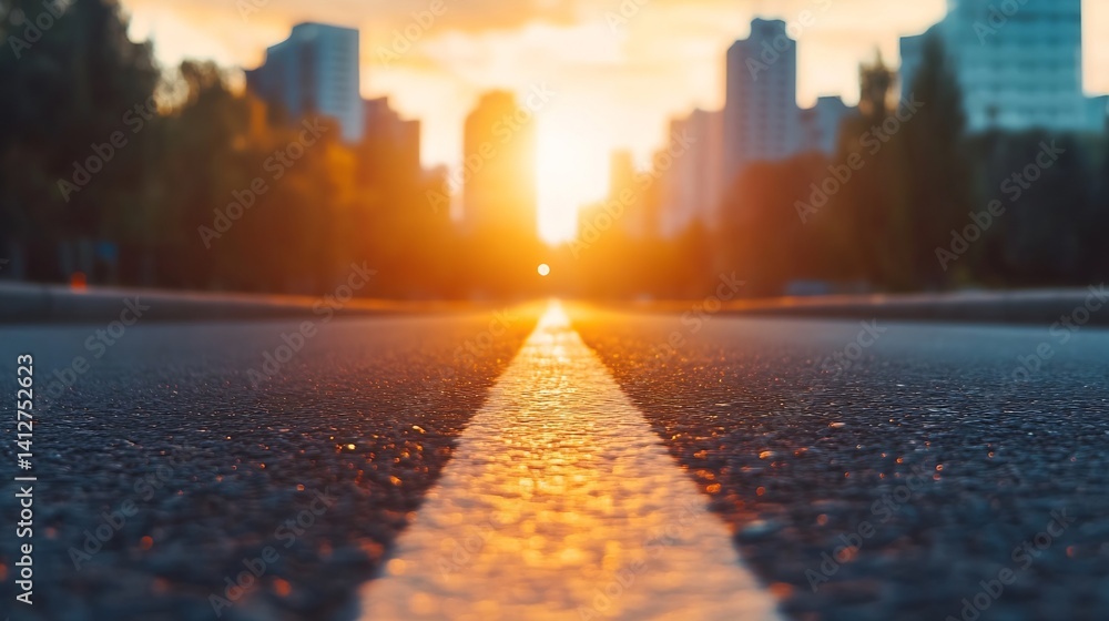 Aufkleber Breathtaking Urban Sunset View with Road Leading Towards Skyscrapers in the Background : Generative AI