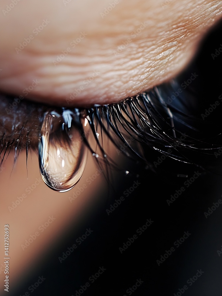 Poster Extreme Closeup of Beautiful Eye with Tear Drop Highlighting Emotions and Sensitivity : Generative AI