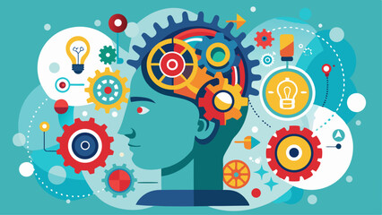 Obraz premium Vector icon representing Critical thinking and intelligent problem solving skills. Gears cogs in head. Human, man head silhouette. Symbol for apps and