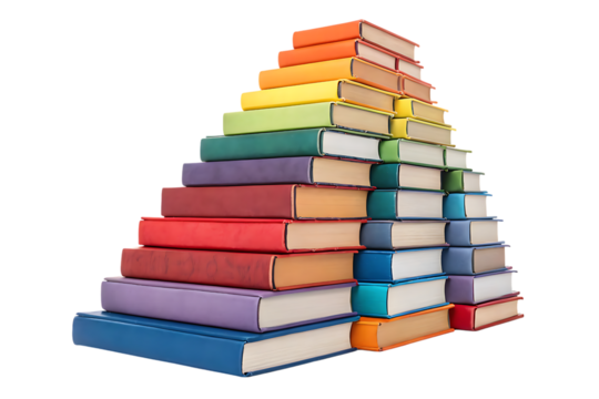Stack of colorful books in pyramid shape on transparent background