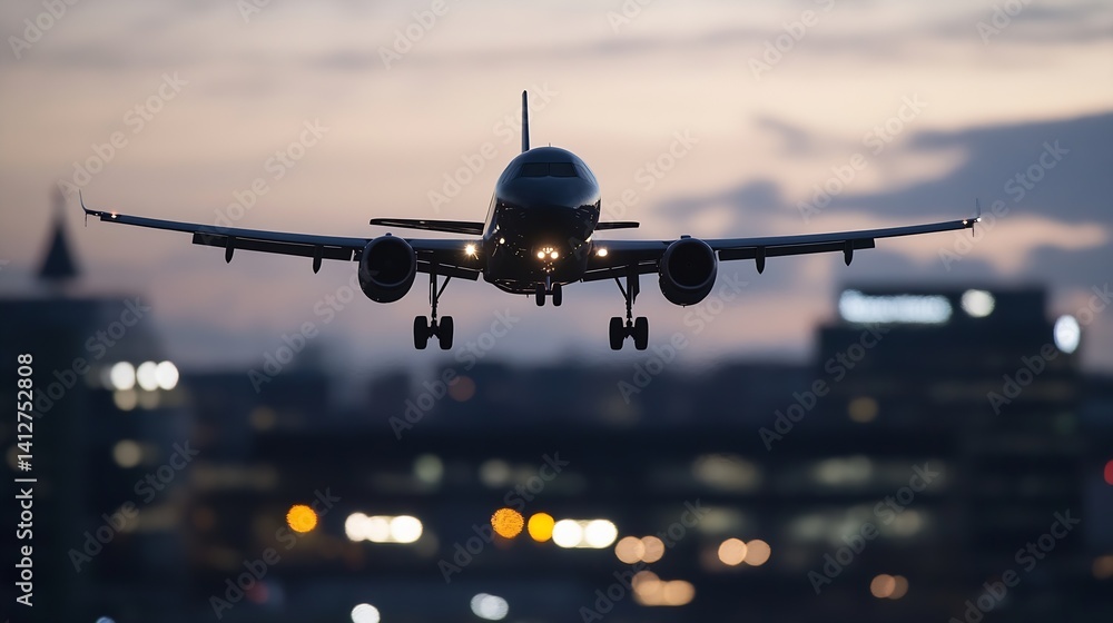 Poster jet airplane landing at dusk with cityscape in the background and bright lights : generative ai