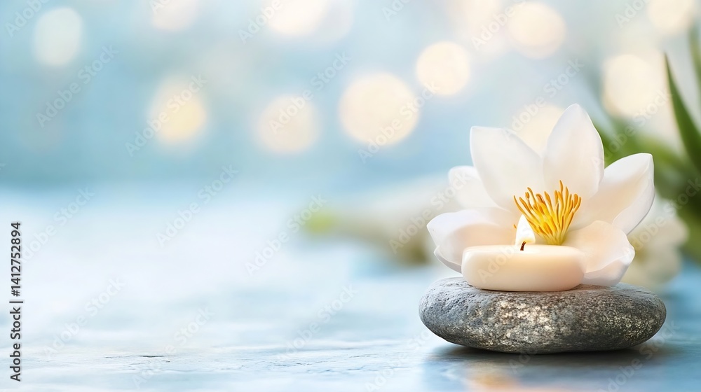 Poster Calming Spa Scene with White Lotus Flower Candle and Smooth Pebbles for Relaxation : Generative AI