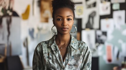 A young Black woman in her thirties poses confidently in a vibrant creative workspace. Her stylish attire and engaging expression reflect empowerment and beauty in art.