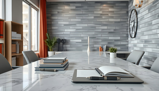 Ultra-detailed close-up of a sleek contemporary workspace featuring premium office essentials and ample copy space on a polished marble surface with a textured grey plank wall, rendered in stunning 