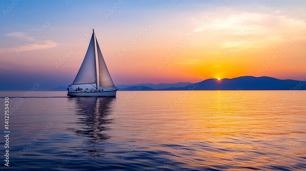 Aufkleber sailing into the sunset with a beautiful sailboat on calm waters : generative ai