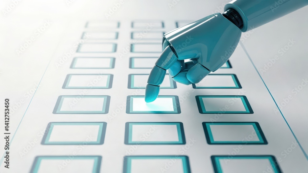 Aufkleber a futuristic robotic hand interacts with a digital interface, pressing a button on a sleek, illumina