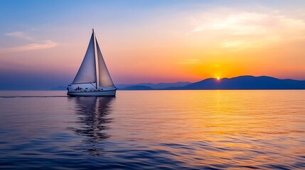 Fototapeta premium Sailing into the Sunset with a Beautiful Sailboat on Calm Waters : Generative AI
