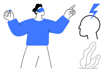 Man wearing VR headset, holding object, and pointing ahead, with head and lightning bolt symbol nearby. Ideal for innovation, creativity, technology, education, learning inspiration simple landing