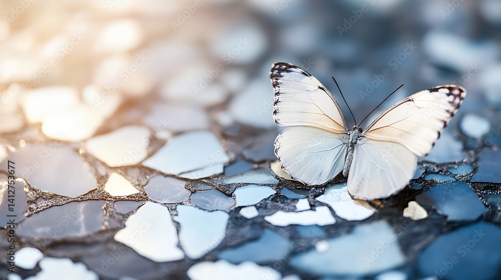 Poster beautiful white butterfly resting on colorful mosaic floor in soft natural light : generative ai