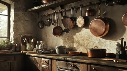 Rustic kitchen with copper pots and wooden utensils