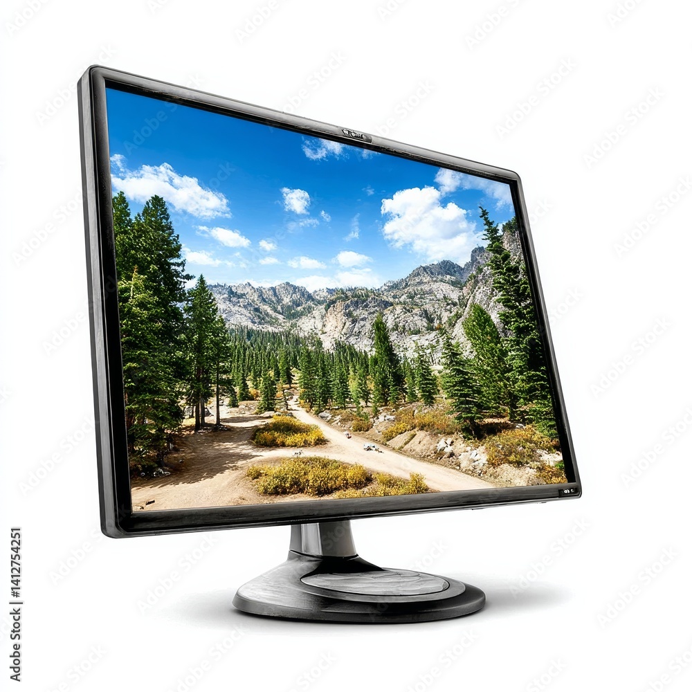 Aufkleber scenic landscape displayed on a computer monitor, isolated on white background for product presentat