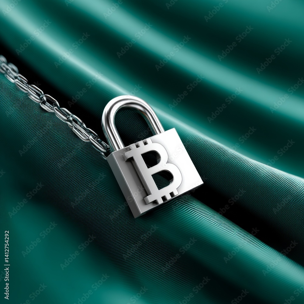 Poster Secured Bitcoin: A Sleek Rendering of Cryptocurrency Security with a Silver Padlock and Chain on a Luxurious Teal Fabric