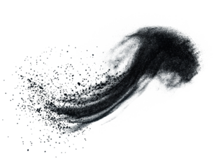 Charcoal powder dispersed softly over a plain white surface, isolated and great for cosmetic product visuals
