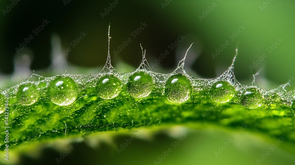 Poster close up view of fresh green leaf adorned with sparkling water droplets under natural light : genera