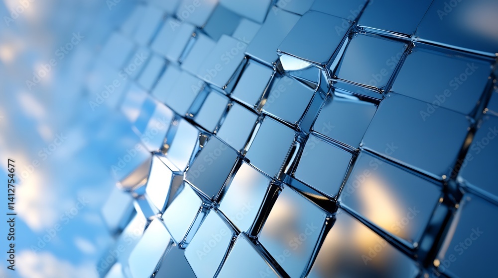 Poster Futuristic Abstract Background of Shiny Cubes Reflecting Light and Sky : Generative AI