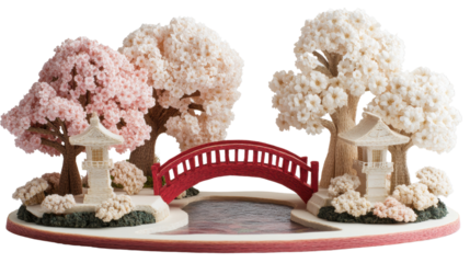 Beautifully crafted decorative scene with cherry blossom trees, traditional pagoda, and elegant red bridge