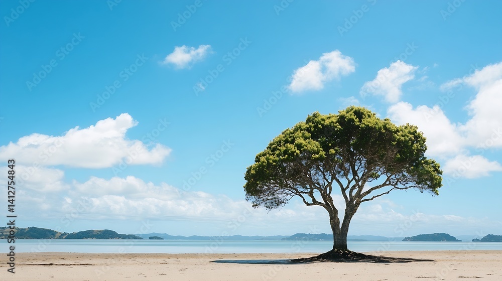 Aufkleber lone tree on a sandy beach under a bright blue sky with fluffy clouds and serene ocean view : genera