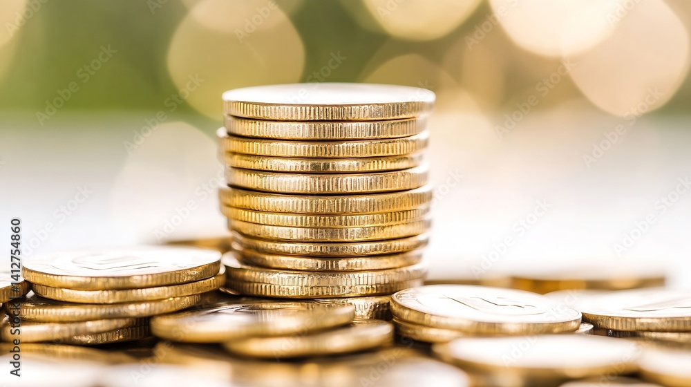 Poster stack of golden coins with bokeh background in finance context : generative ai