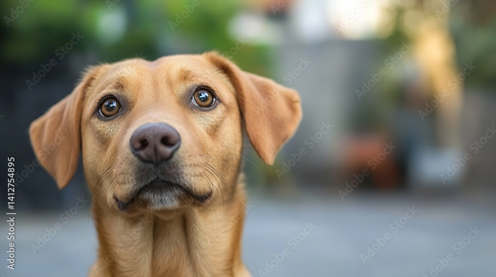Poster adorable focused dog portrait with soft background in an urban setting : generative ai