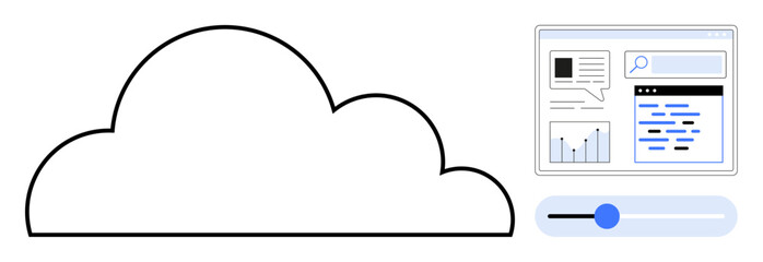 Large cloud outline next to a web interface containing charts, search bar, and a slider. Ideal for cloud computing, big data, data management, analytics, software tools, SaaS simple landing page