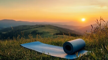 Yoga mat on a mountain meadow at sunrise, serene mountain view