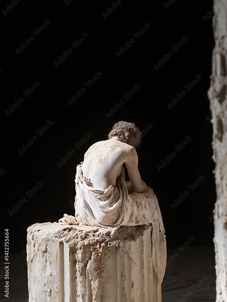Aufkleber Abstract sculpture with a weathered figure sitting on a broken column in dark space : Generative AI