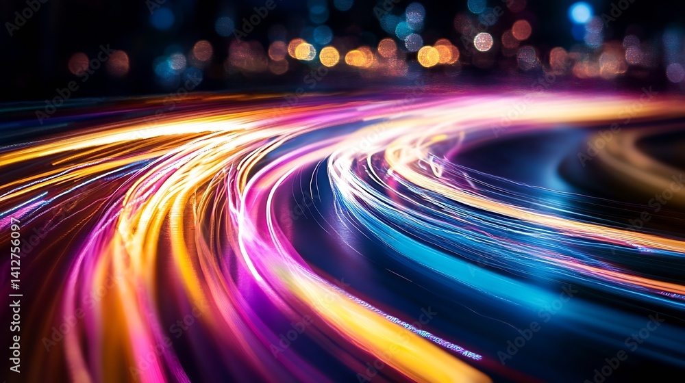 Fototapete dynamic light trails of colorful car headlights creating abstract patterns in urban night scene : ge