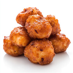 A pile of golden brown fried cheese curds on a white surface, close up shot food