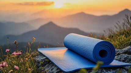 Yoga Mat on Mountain Top at Sunrise, Serene Outdoor Wellness Retreat