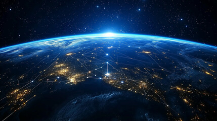 Fototapeta premium 宇宙空間に浮かぶネットワークでつながるデジタル地球