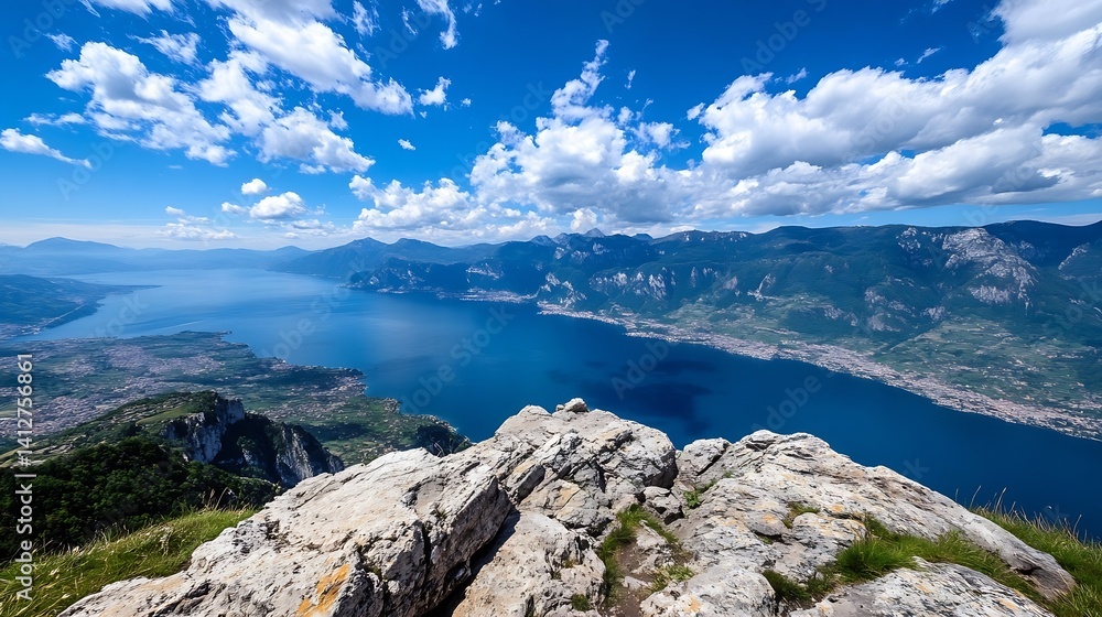 Poster breathtaking view of mountains and lake under a blue sky with clouds : generative ai