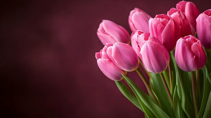 Naklejka premium Pink Tulips Bouquet Against Burgundy Background