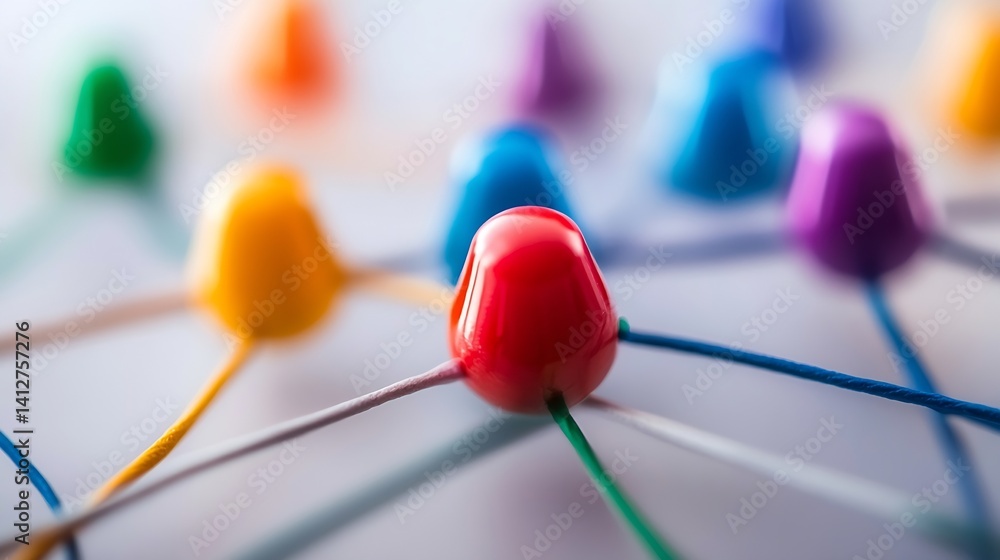Poster Colorful Game Pieces Connected with Strings on a Board in a Creative Arrangement : Generative AI