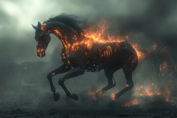 Flaming skeletal horse galloping through a dark and smoky landscape, creating a dramatic and otherworldly scene
