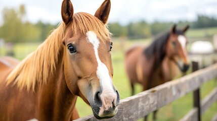 Fototapeta premium Close up of a majestic horse standing by a rustic wooden fence in an idyllic pasture : Generative AI
