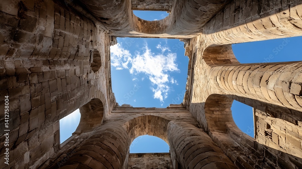 Aufkleber astonishing view through ancient stone architecture showing clouds and blue sky : generative ai
