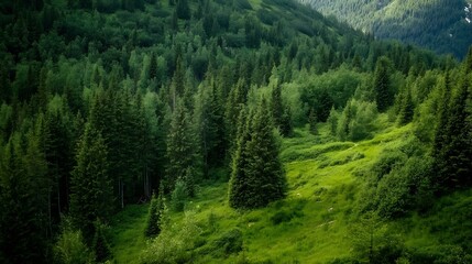 Lush Green Forest Landscape with Dense Trees and Rolling Hills Under Natural Light : Generative AI