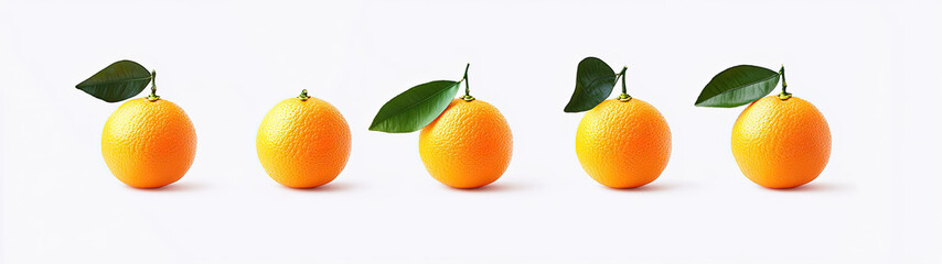 Five ripe oranges with leaves, arranged in a row on a white background
