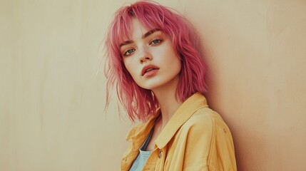 Portrait of a young woman with pink hair in a yellow jacket posing indoors