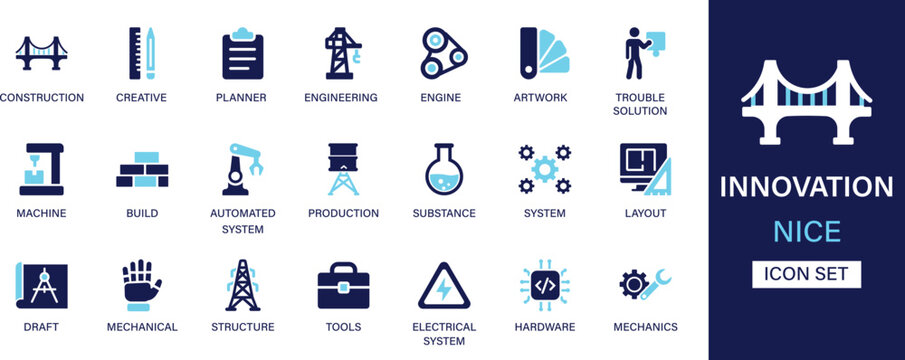 Innovation icon set collection. Construction, creative, planner, engineering, engine, artwork, solution, machine, build, substance and best solid icon set.