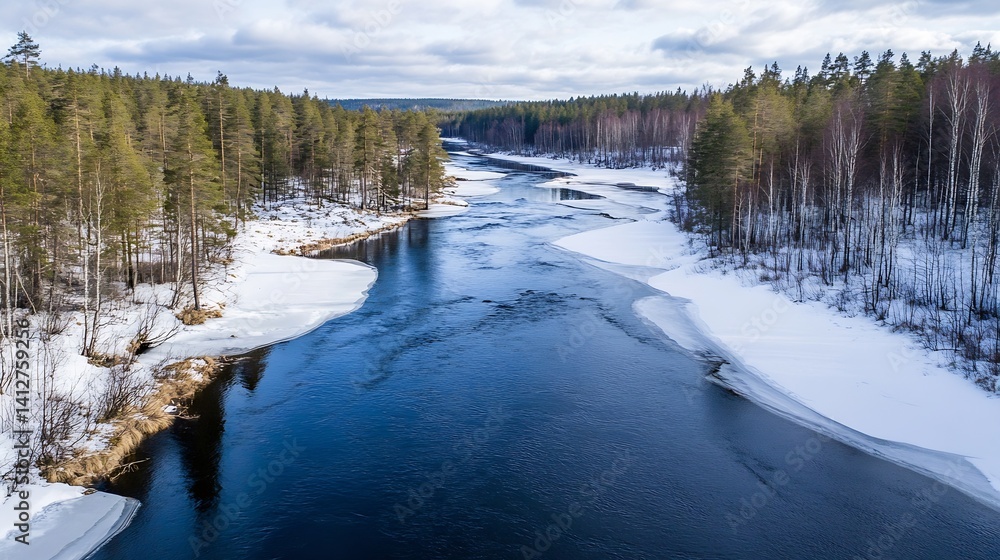 Poster stunning aerial view of a serene river flowing through a snowy landscape with pine forests : generat