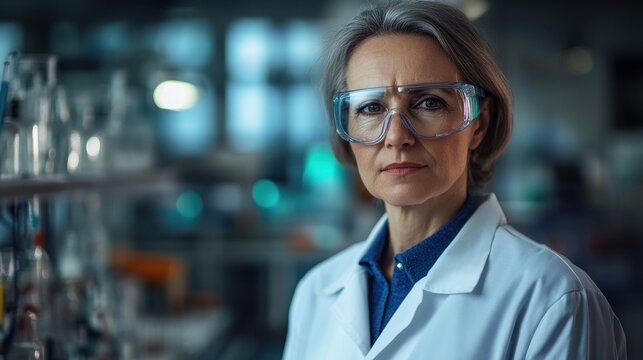 A senior female scientist in a laboratory setting, wearing safety goggles and a lab coat, focuses on her work, embodying dedication and professionalism in research.