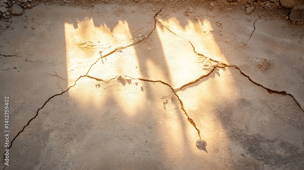 Fototapete sunlit cracked concrete surface with shadow patterns and warm tones : generative ai