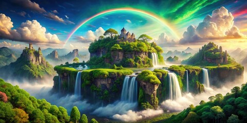 Floating islands drift beneath a rainbow sky, waterfalls plummeting into the iridescent waters below.
