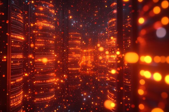 High-tech data center filled with glowing servers and swirling particles during nighttime