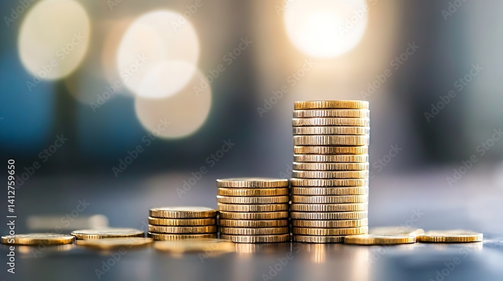 Leinwandbilder stacks of shiny gold coins on blurred background creating a wealthy atmosphere : generative ai