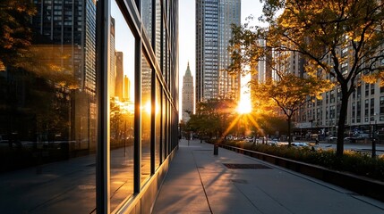 Stunning Urban Sunset Reflection on Modern Buildings Lit by Golden Hour Sun : Generative AI