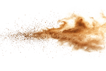 Fine sand lightly splash top view on a pure white background, isolated and suitable for PNG extraction