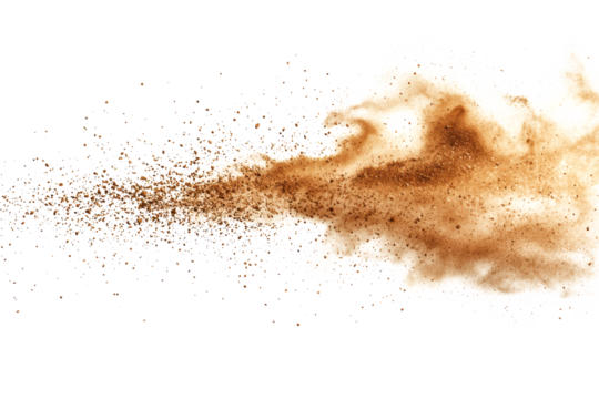 Fine sand lightly splash top view on a pure white background, isolated and suitable for PNG extraction